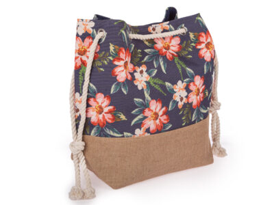 Granatowa duża torba damska na sznurkach vintage shopperka z wzorem w kwiaty - obrazek 5