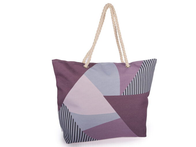 Kolorowa, duża torba plażowa z fioletowym wzorem geometrycznym.