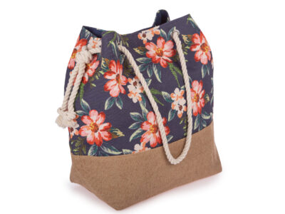 Granatowa duża torba damska na sznurkach vintage shopperka z wzorem w kwiaty - obrazek 3