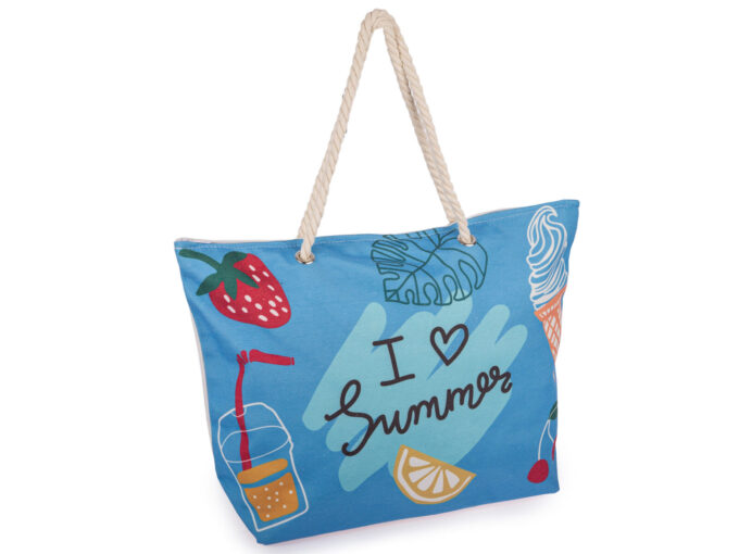 Duża torba na plażę i zakupy niebieska z wakacynym wzorem Bellugio