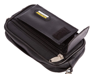 Mała czarna saszetka męska z odpianym paskiem do ręki i mocowaniem do paska od spodni - obrazek 4