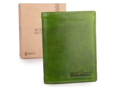 Pionowy portfel wykonany w 100% ze skóry naturalnej z RFID zielony Blue Burry