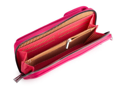 Duży, różowy, pionowy portfel damski z paskiem na ramię i małą saszetką - obrazek 5