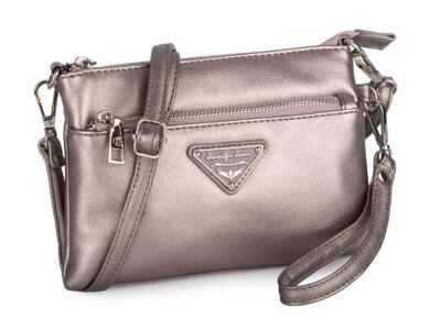 Mała bankietowa torebka damska na ramię w kolorze srebrnym, metalicznym ze złotymi okuciami