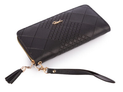 Czarny, duży portfel damski kopertowy, zapinany dookoła na zamek błyskawiczny - obrazek 4