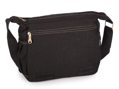 Średnia, materiałowa torba męska na ramię z klapą, uszyta z szarego canvasu - obrazek 6