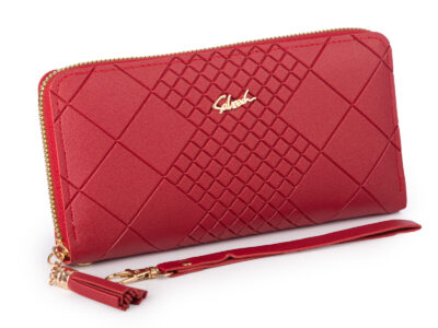 Czerwony, duży portfel damski kopertowy, zapinany dookoła na zamek błyskawiczny