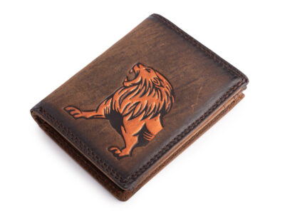 Pionowy, brązowy portfel męski z grubej skóry naturalnej vintage z lwem RFID - obrazek 4