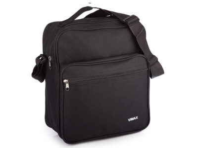 Materiałowa, pionowa torba męska na ramię w kolorze czarnym do pracy.