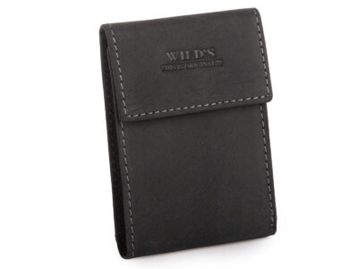 Pionowe czarne skórzane etui na karty płatnicze, dokumenty i banknoty w stylu vintage