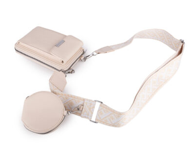 Duży, jasnobeżowy, pionowy portfel damski z paskiem na ramię i małą saszetką - obrazek 2