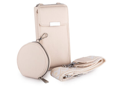 Duży, jasnobeżowy, pionowy portfel damski z paskiem na ramię i małą saszetką - obrazek 1