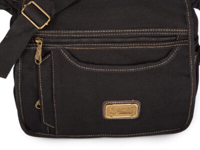 Średnia, materiałowa torba męska na ramię z klapą, uszyta z szarego canvasu - obrazek 4