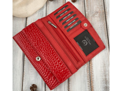 Duży lakierowany portfel damski skórzany croco czerwony Paolo Peruzzi - obrazek 4