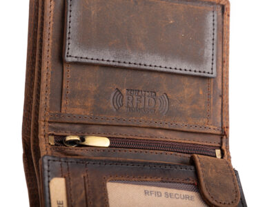 Pionowy, brązowy portfel męski z grubej skóry naturalnej vintage z lwem RFID - obrazek 6