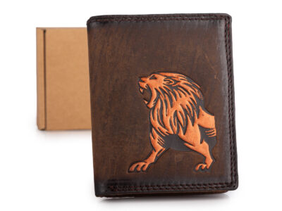 Pionowy, brązowy portfel męski z grubej skóry naturalnej vintage z lwem RFID - obrazek 1