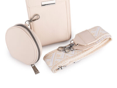 Duży, jasnobeżowy, pionowy portfel damski z paskiem na ramię i małą saszetką - obrazek 6