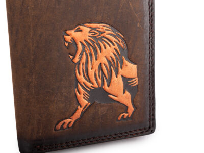 Pionowy, brązowy portfel męski z grubej skóry naturalnej vintage z lwem RFID - obrazek 9