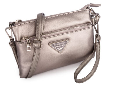 Mała bankietowa torebka damska na ramię w kolorze srebrnym, metalicznym ze złotymi okuciami - obrazek 7