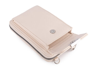 Duży, jasnobeżowy, pionowy portfel damski z paskiem na ramię i małą saszetką - obrazek 4