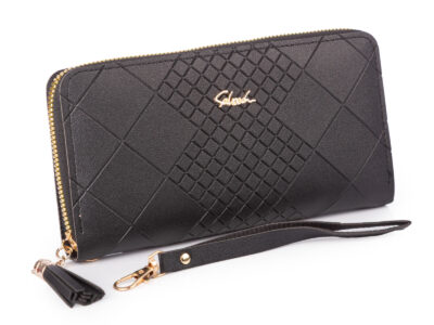 Czarny, duży portfel damski kopertowy, zapinany dookoła na zamek błyskawiczny