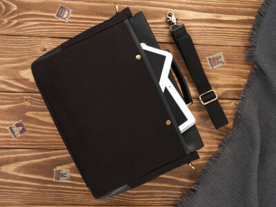 Duża, czarna teczka męska z canvasu i grubej skóry naturalnej Paolo Peruzzi - obrazek 7