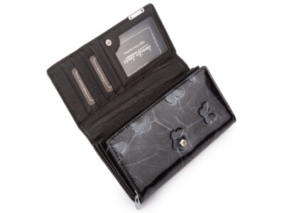 Duży portfel damski lakierowany w motylki, czarny, skórzany z RFID - obrazek 5