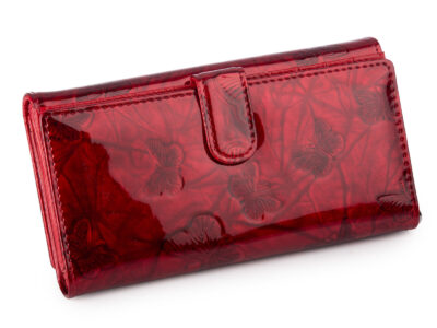 Duży portfel damski lakierowany w motylki, czerwony, skórzany z RFID - obrazek 2