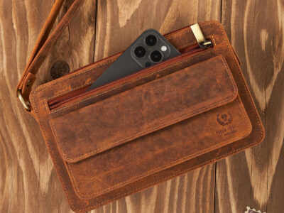 Duża, brązowa, skórzana saszetka męska na dokumenty z paskiem na rękę vintage - obrazek 6