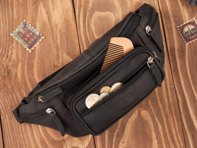 Czarna skórzana saszetka męska biodrowa nerka vintage Paolo Peruzzi - obrazek 6