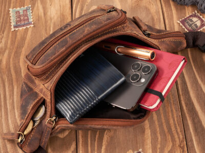 Ciemnobrązowa skórzana saszetka męska biodrowa nerka vintage Paolo Peruzzi - obrazek 9