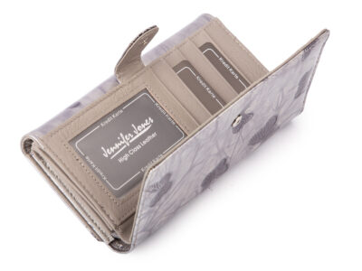 Duży portfel damski lakierowany w motylki, srebrny, skórzany z RFID - obrazek 3