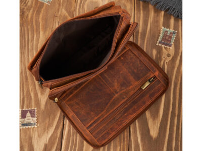 Duża, brązowa, skórzana saszetka męska na dokumenty z paskiem na rękę vintage - obrazek 5