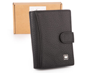 Duży, pionowy, czarny portfel męski skórzany zapinany na zatrzask z ochroną kart RFID