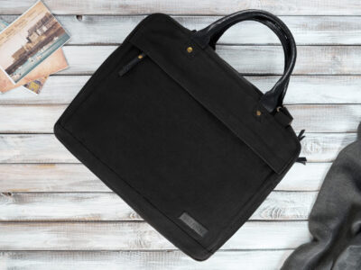 Duża, elegancka, materiałowa torba męska do pracy w kolorze czarnym A4 na laptopa - obrazek 5
