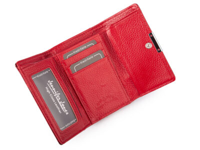 Lakierowany, średni portfel damski czerwony w motylki, zapinany na bigiel - obrazek 4