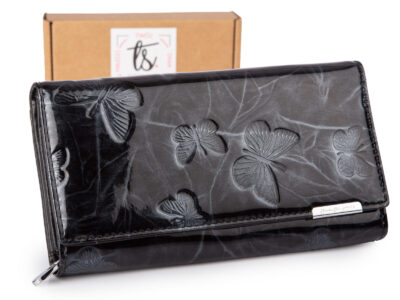 Duży portfel damski lakierowany w motylki, czarny, skórzany z RFID - obrazek 1