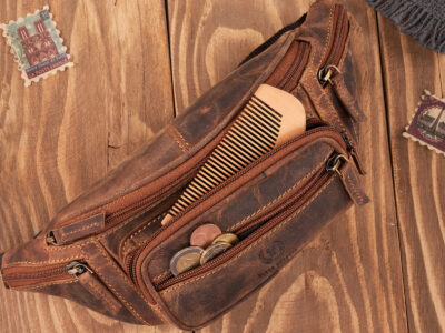 Ciemnobrązowa skórzana saszetka męska biodrowa nerka vintage Paolo Peruzzi - obrazek 4