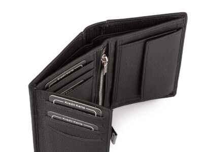 Duży, pionowy, czarny portfel męski skórzany, klasyczny z ochroną kart RFID - obrazek 6