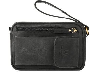 Skórzana saszetka na dokumenty męska z paskiem do ręki czarna vintage Paolo Peruzzi