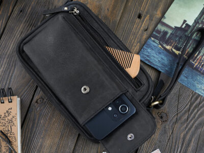 Skórzana saszetka na dokumenty męska z paskiem do ręki czarna vintage Paolo Peruzzi - obrazek 4