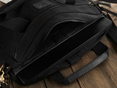 Czarna torba męska do pracy, z kieszenią na laptopa, z canvasu i skóry naturalnej - obrazek 2