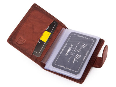 Ciemnobrązowe, skórzane etui na karty płatnicze z ochroną RFID zapinane na zatrzask - obrazek 2