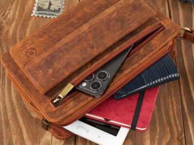 Duża, brązowa, skórzana saszetka męska na dokumenty z paskiem na rękę vintage - obrazek 10