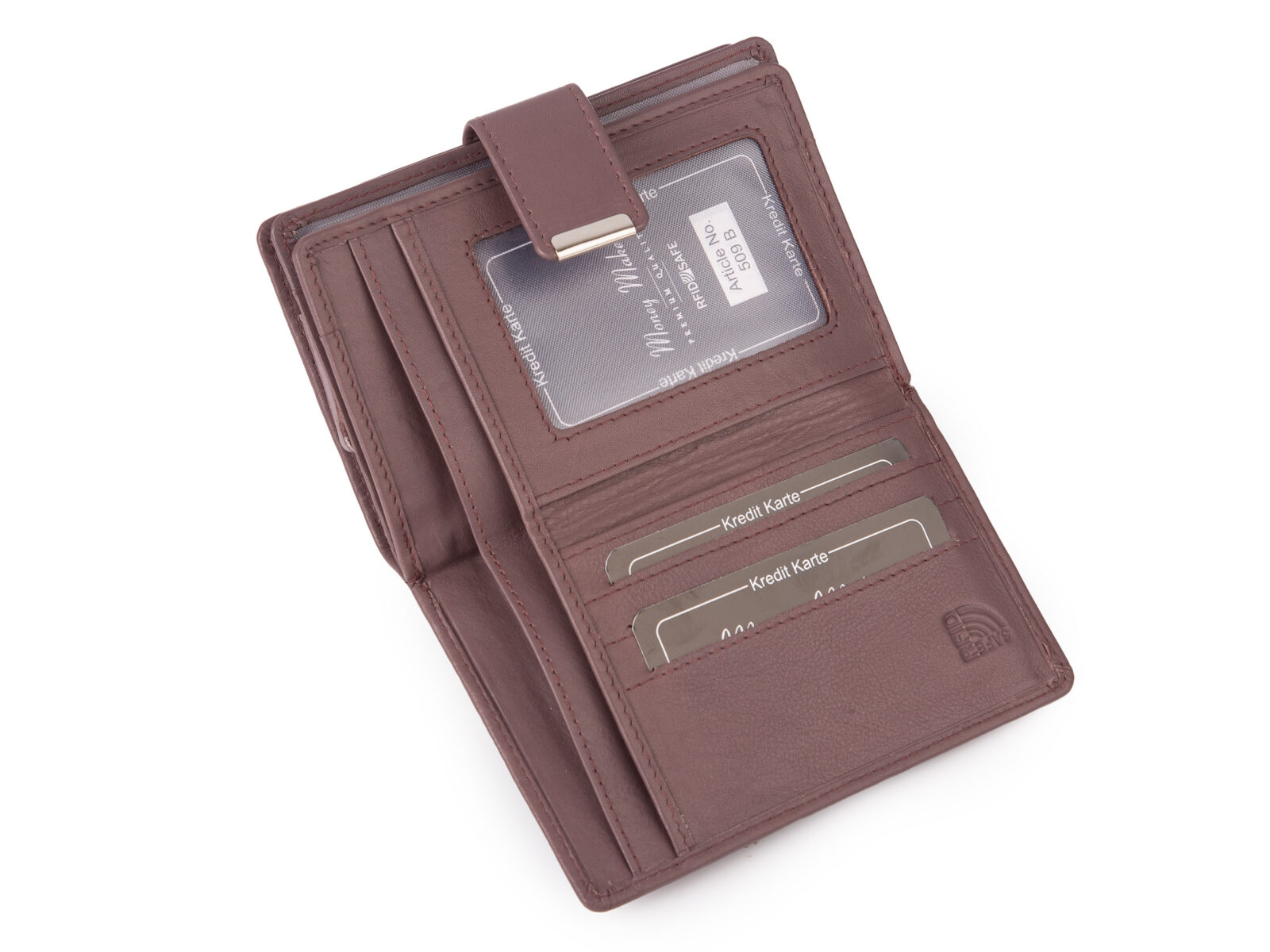 Otwarty skórzany portfel damski mauve z kieszeniami i okienkiem RFID