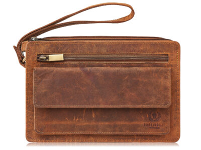 Duża, brązowa, skórzana saszetka męska na dokumenty z paskiem na rękę vintage