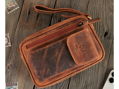 Skórzana saszetka na dokumenty męska z paskiem do ręki brązowa Paolo Peruzzi - obrazek 3