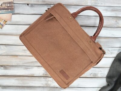 Duża, elegancka, materiałowa torba męska do pracy w kolorze brązowym A4 na laptopa - obrazek 6