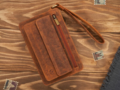 Duża, brązowa, skórzana saszetka męska na dokumenty z paskiem na rękę vintage - obrazek 8