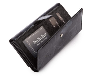 Duży portfel damski lakierowany w motylki, czarny, skórzany z RFID - obrazek 3